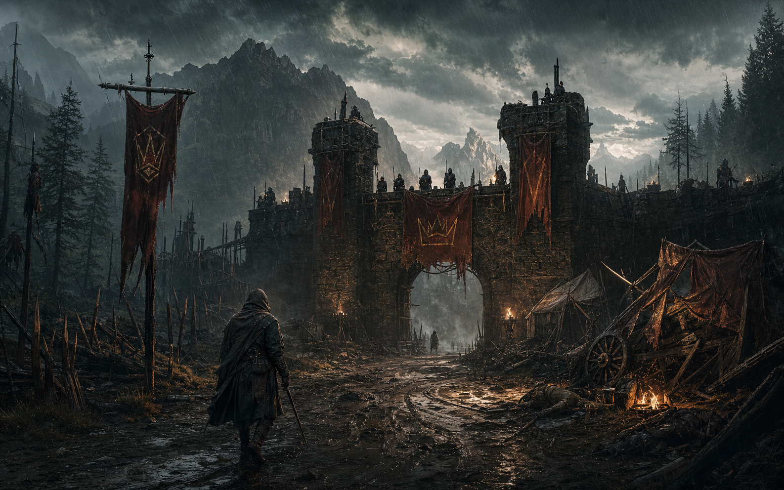 A lone explorer approaching a rain-soaked faction border gate with banners, guards, burned wagons, and wilderness around it.
