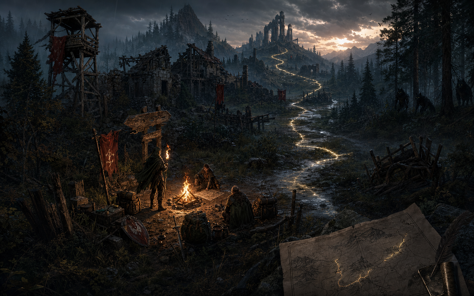 A survival party camping by a ruined road while a glowing trail leads deeper into the realm.