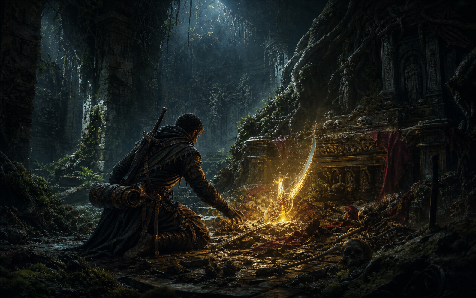 An explorer kneeling in an overgrown ruin beside a glowing relic blade.