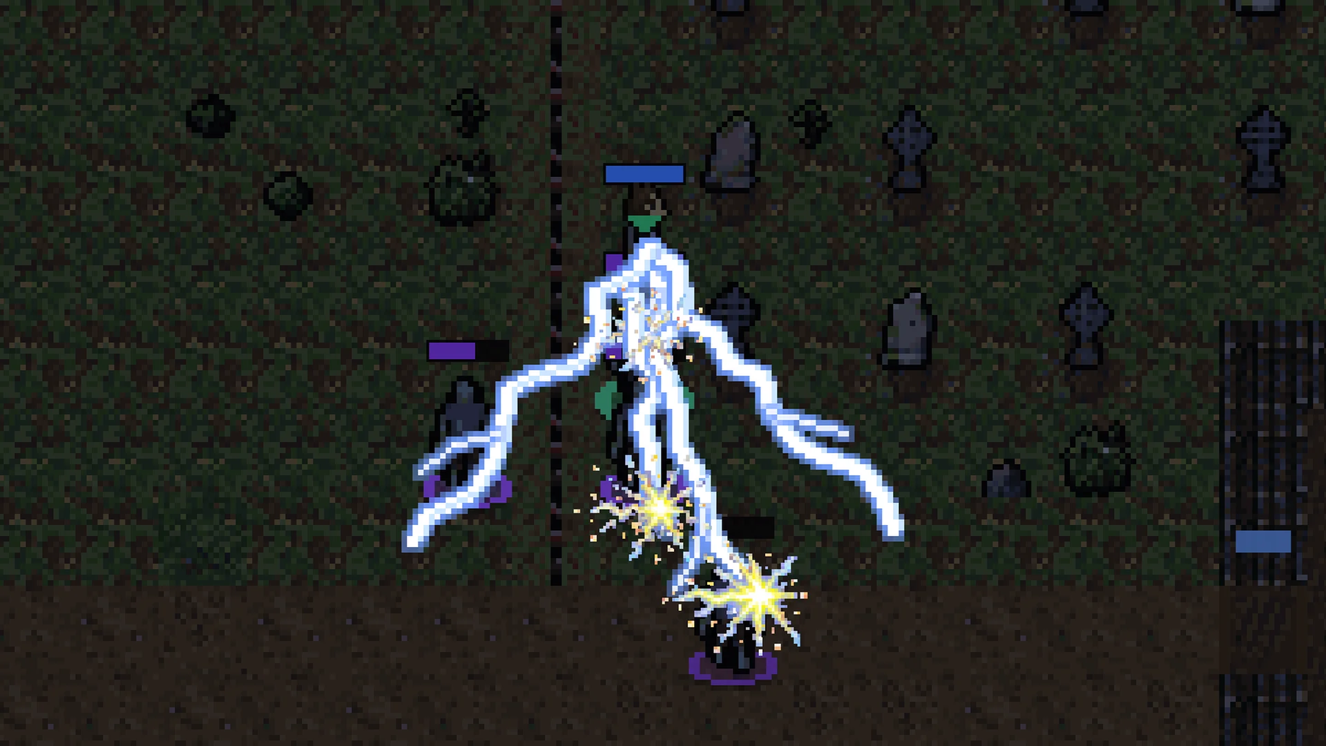 A lightning spell forking down from the hero into the zombies around them, at night