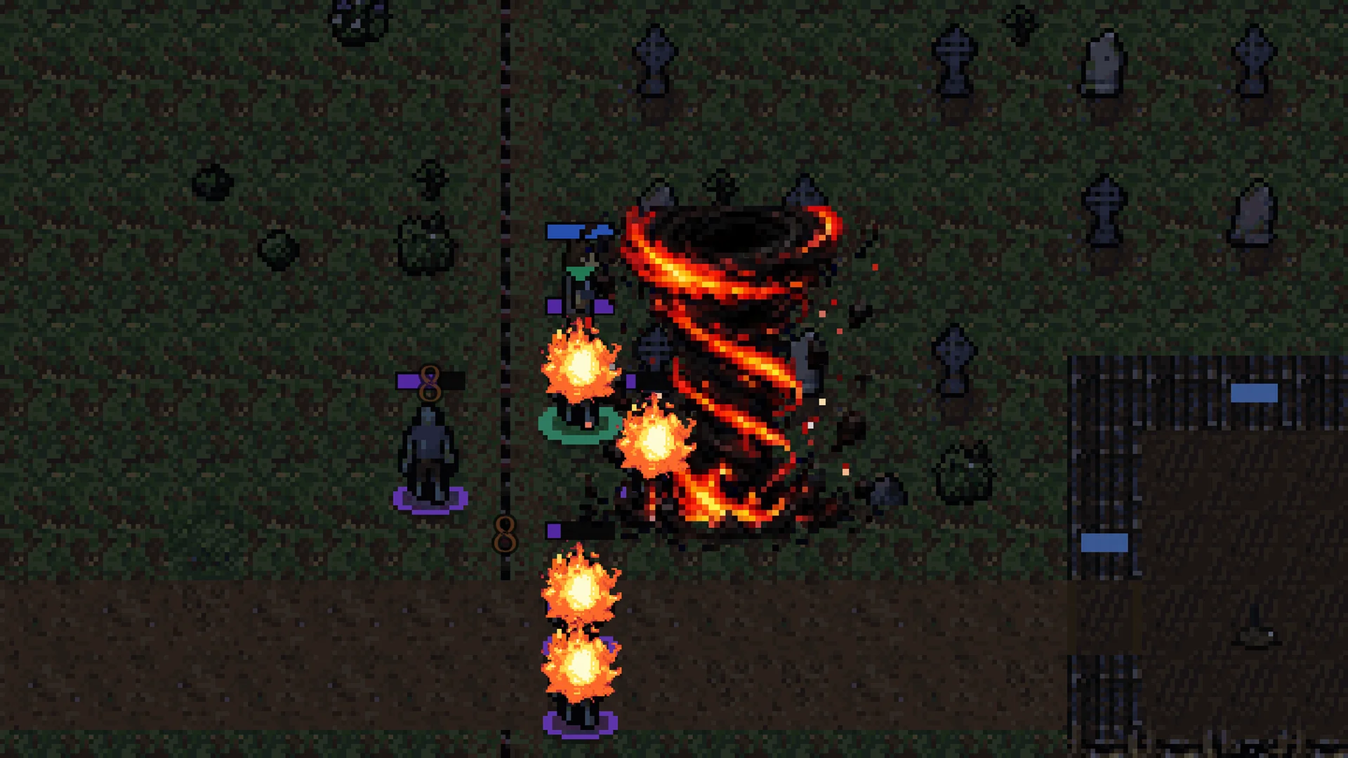A towering spiral of dark fire in a graveyard at night, zombies burning around it