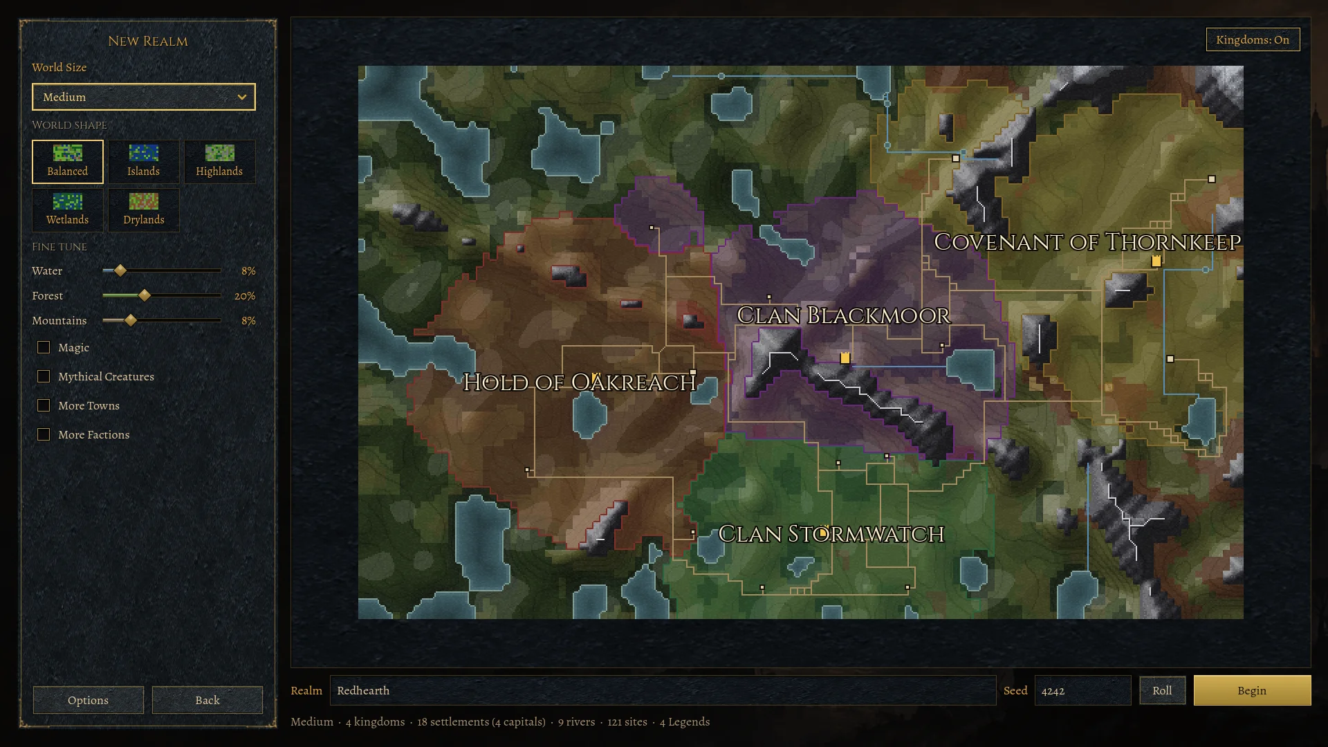 The World Forge new-game screen: world size and shape settings beside a live painted map of the realm