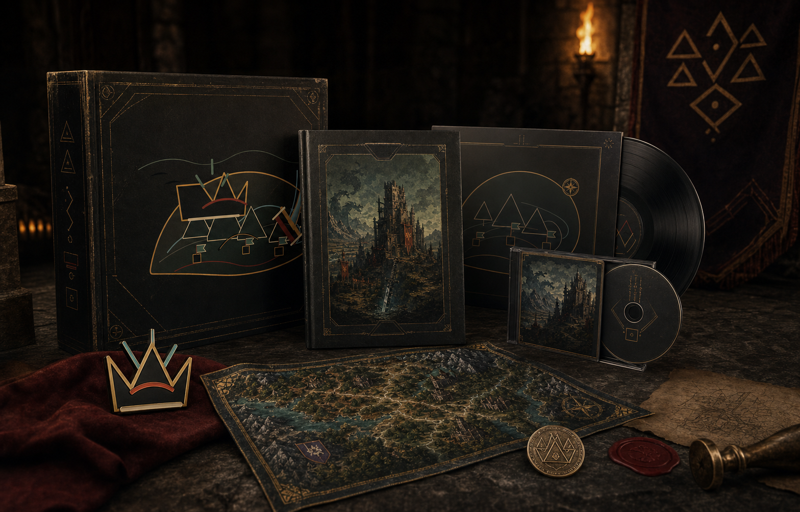 Coming soon founder pack, art book, soundtrack, map cloth, pin, and relic coin on a dark fantasy table.